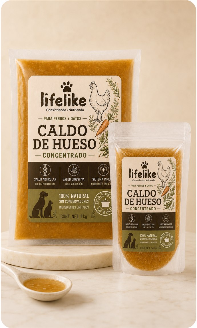Caldo de Hueso Concentrado Lifelike: bolsa de 1 kg y pouch de 140 ml