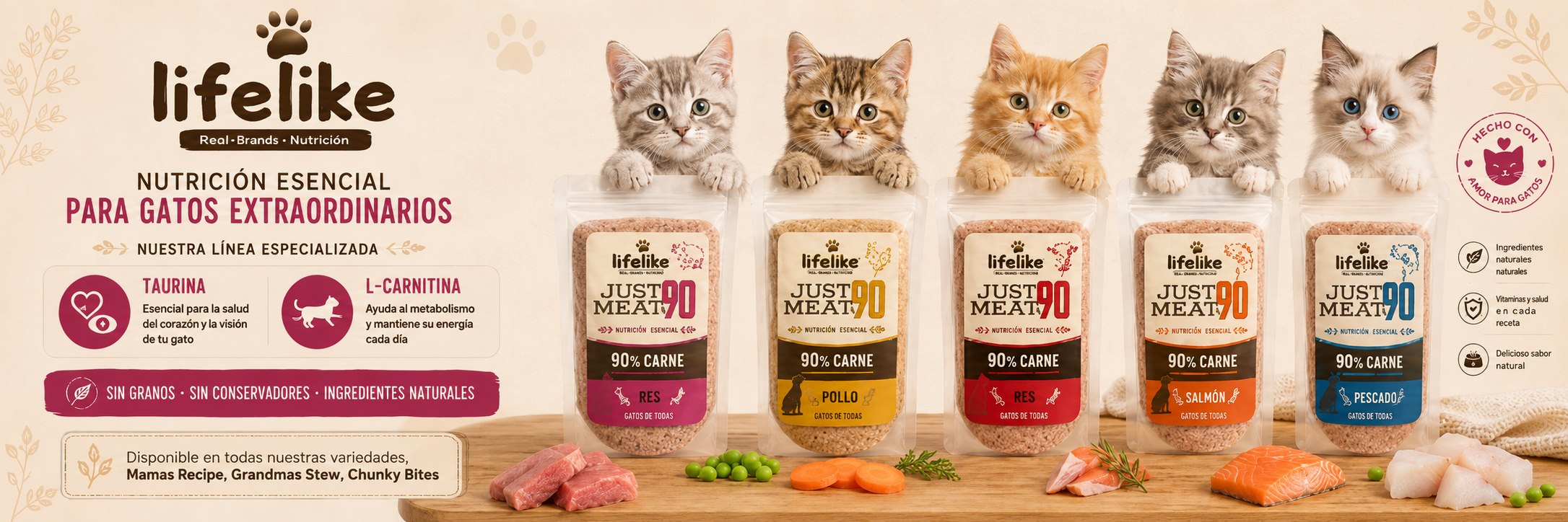 Línea especializada para gatos — sobres 70g con taurina y L-carnitina